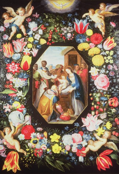 Aanbidding der wijzen omringd door een bloemenkrans door Frans II Francken the Younger